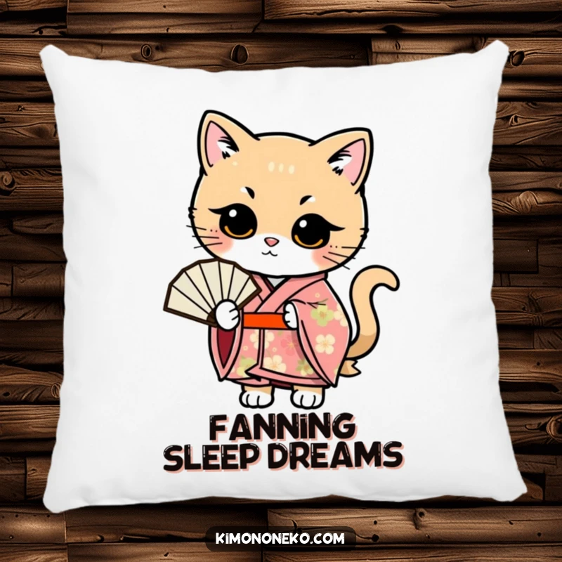 Funny Kawaii cat in a floral kimono, posing with a fan, a soft and funny pillow.