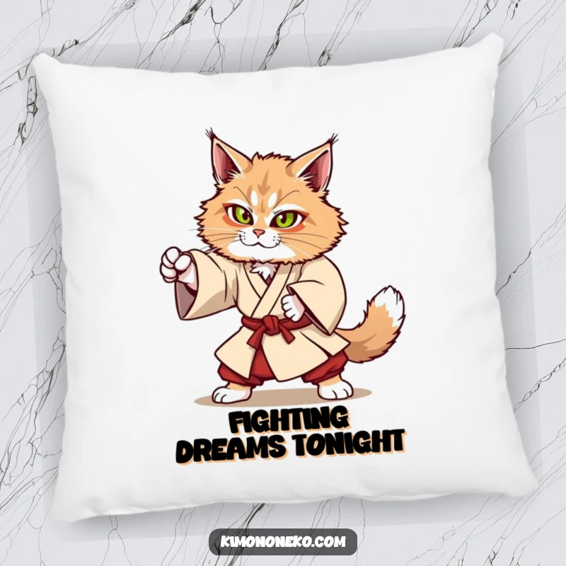 Funny Kawaii Maine Coon cat in sturdy kimono attempting martial arts move, strong anime pillow, gift.