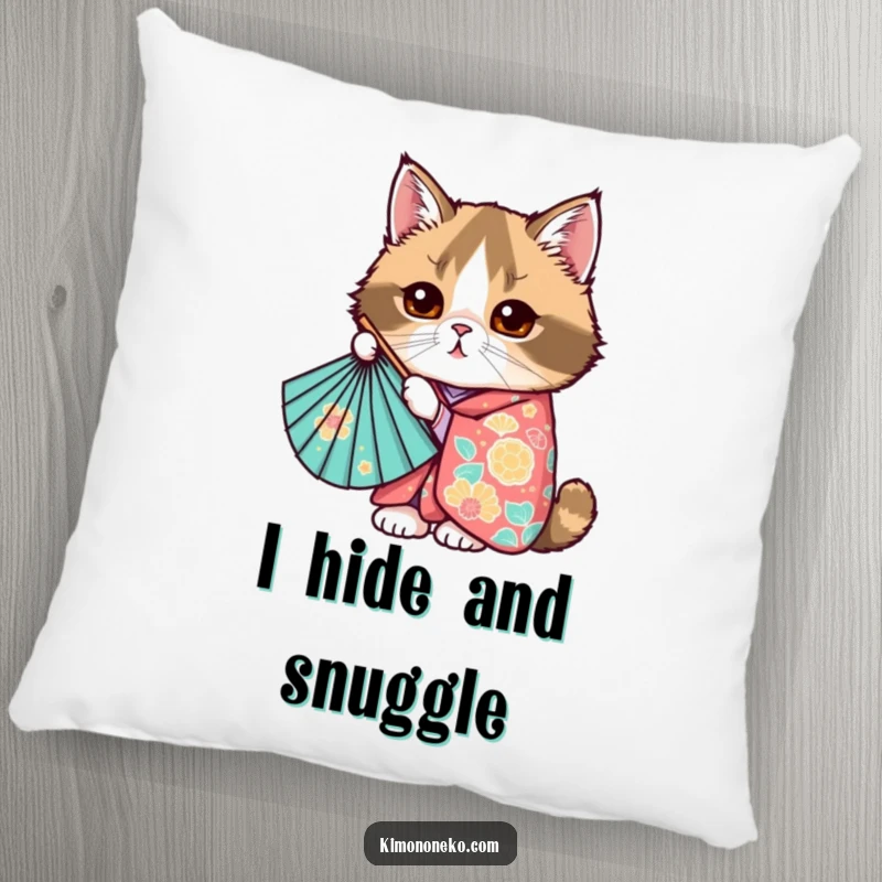 Funny Kawaii Scottish Fold cat in kimono peeking behind fan, soft cute anime pillow, gift.