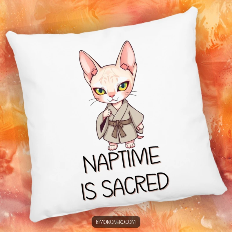 Funny Kawaii Sphynx Cat Kimono Pillow: A soft pillow featuring a determined Sphynx cat in a kimono, ready to relax.