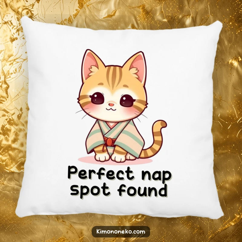 Funny Kawaii Tabby Cat Pillow: A content tabby cat in a striped kimono relaxes in the sun, offering humorous peace and comfort.