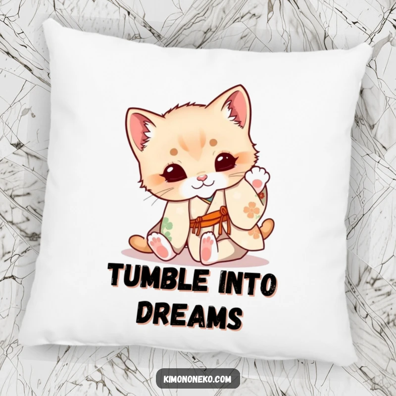 Funny Kitten Pillow: A cute kitten in a floral kimono playfully tumbles, offering soft and adorable comfort.