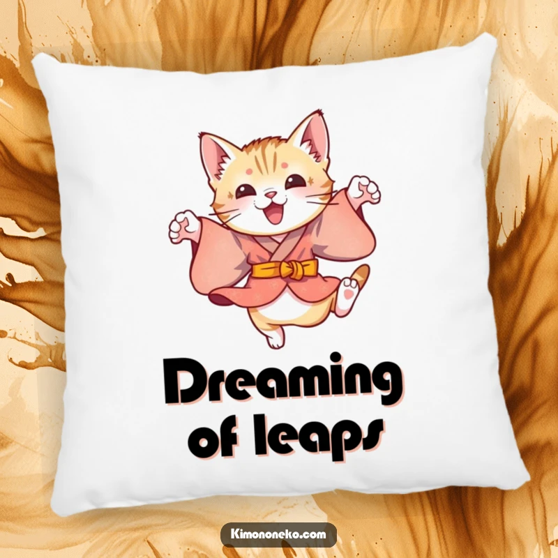Funny decorative pillow with a playful kitten in a colorful kimono, doing energetic leaps, offering comfort and a touch of feline whimsy.