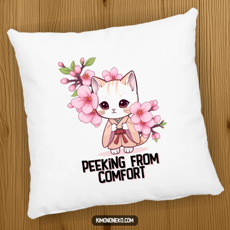 Funny pillow design of a shy cat in a simple kimono, peeking from behind a large cherry blossom.