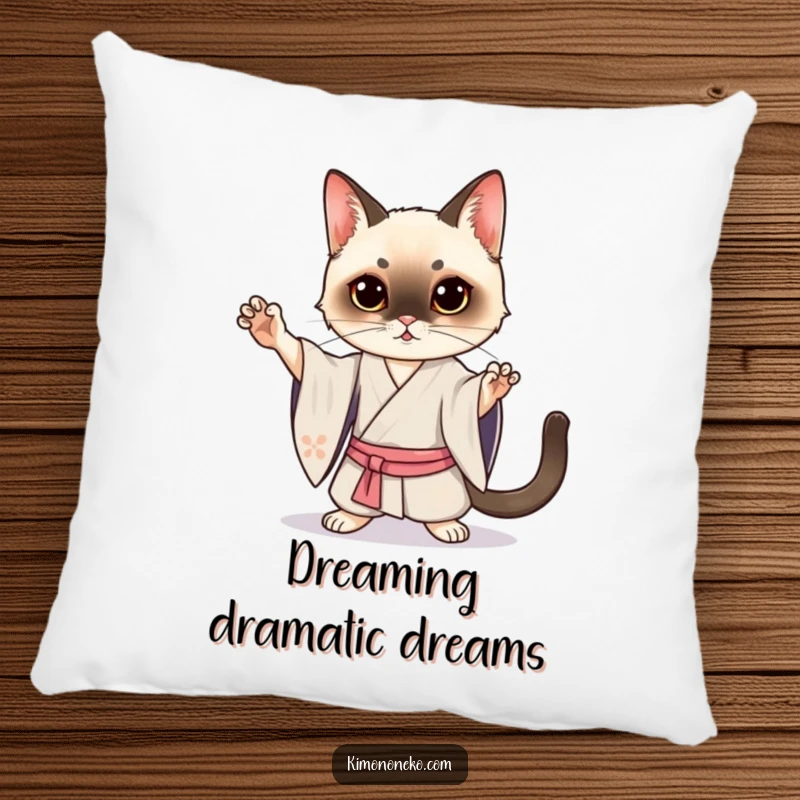 Funny Siamese Cat Kimono Pillow: A soft pillow featuring a Kawaii Siamese cat in a dramatic silk kimono pose, great for funny decor.