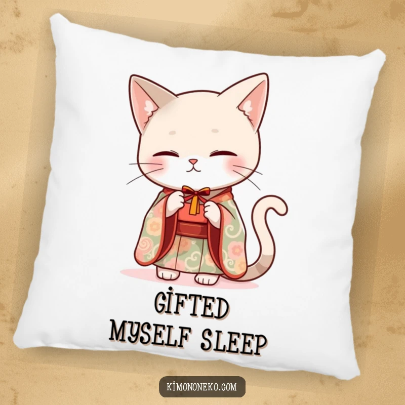 Funny sleek cat in an elegant kimono offering a small gift, printed on a soft and cozy decorative pillow.