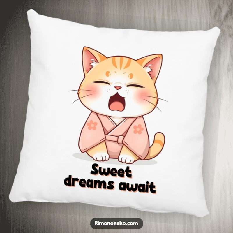 Funny pillow featuring a sleepy cat in a soft kimono, adorably yawning with eyes half-closed, offering a comforting and humorous touch.