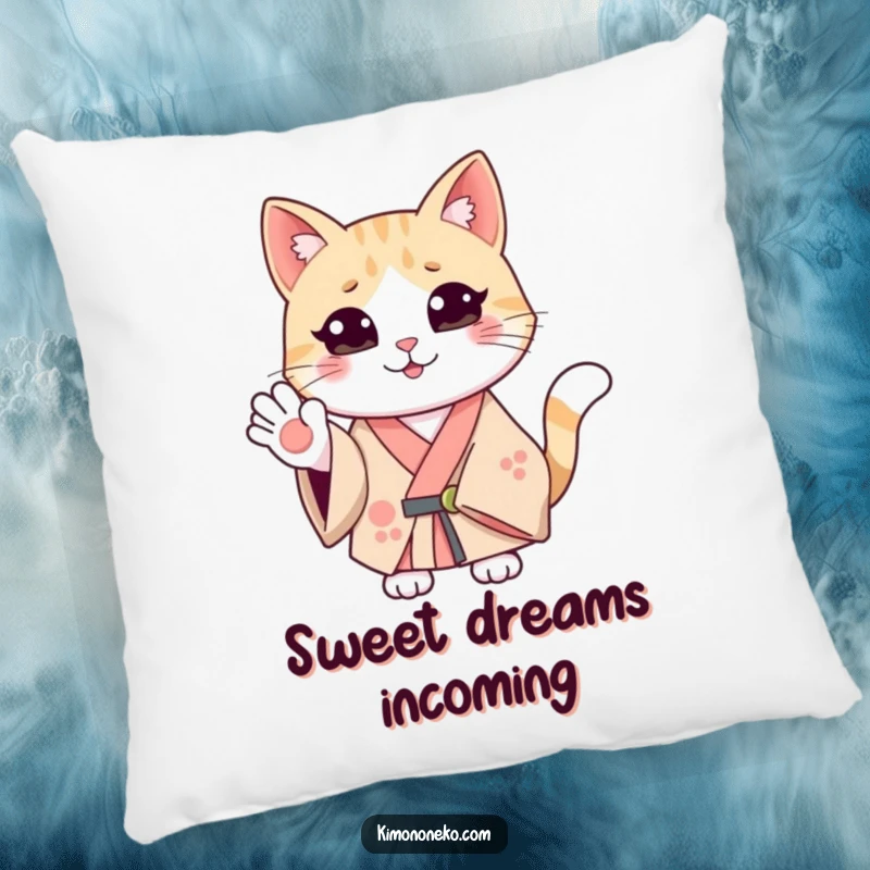 Funny smiling cat in a kimono, waving hello. Soft pillow for humorous and cheerful home decor.