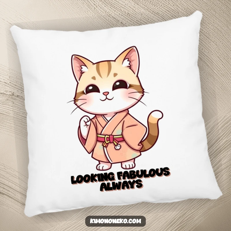 Funny pillow featuring a stylish cat in a modern kimono, striking a confident pose with a smile, adding a touch of chic humor to any room.
