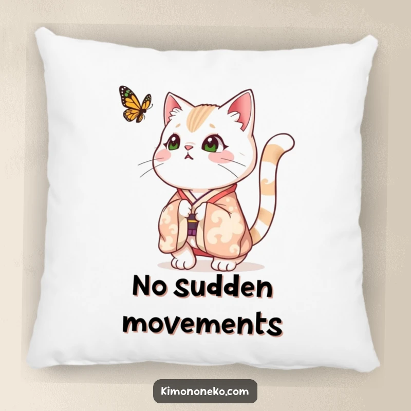 Funny pillow with a festive cat in a kimono, its tail comically puffed up in surprise at a fluttering butterfly, offering soft, humorous comfort.