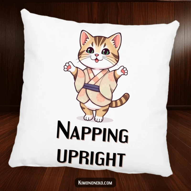 Funny Tabby Cat Kimono Pillow: A soft pillow featuring a Kawaii tabby cat in a patterned kimono, balancing perfectly on hind legs.