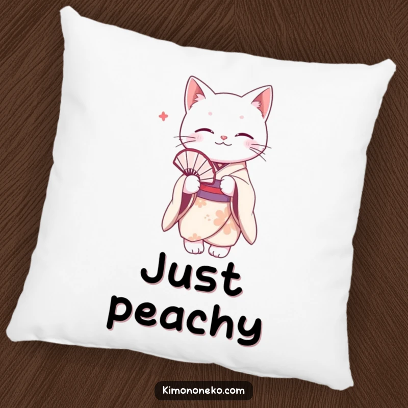 Funny white cat in a delicate kimono, holding a fan. Soft pillow for humorous and elegant home decor.