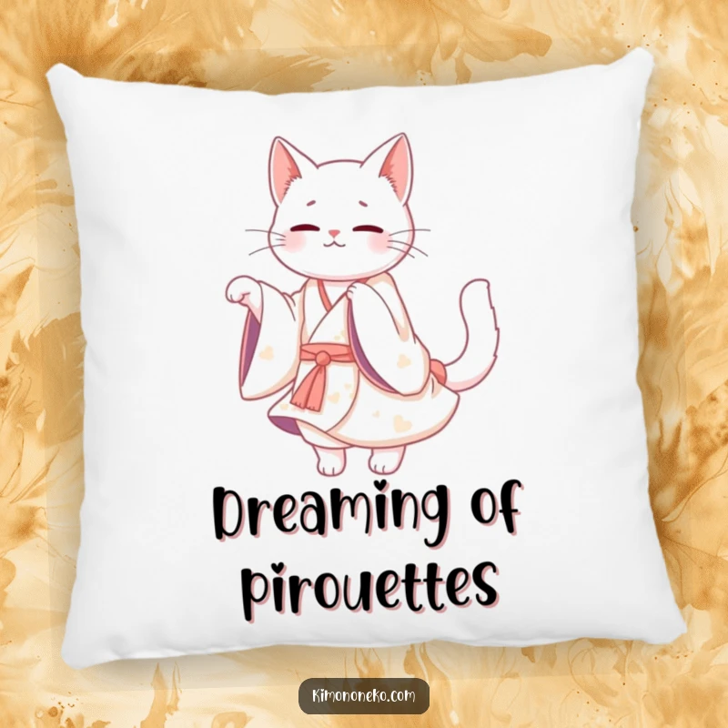 Funny White Cat Kimono Pillow: A soft pillow featuring a Kawaii white cat in a flowing kimono, twirling gracefully with charm.