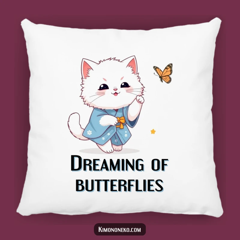 Funny White Cat Pillow: Kawaii Kitty in Blue Kimono Butterfly Chase - Cozy Comfort Gift!