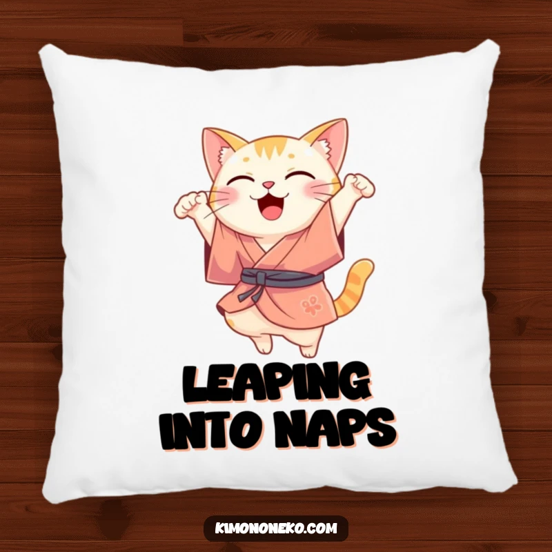 Funny Kawaii cat in a silk kimono, captured mid-leap, a soft and funny pillow.