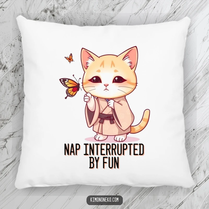 Funny pillow with a cat in a patterned kimono humorously batting at a butterfly, adding a touch of playful charm to any room.