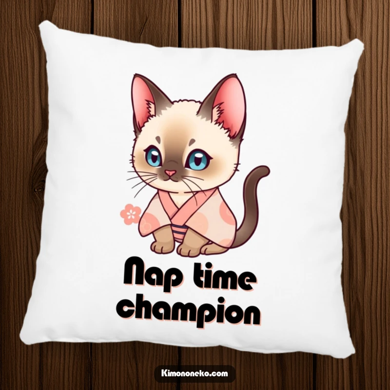 Funny Siamese cat in a patterned kimono, looking curious. Soft pillow for humorous home decor and cat lovers.