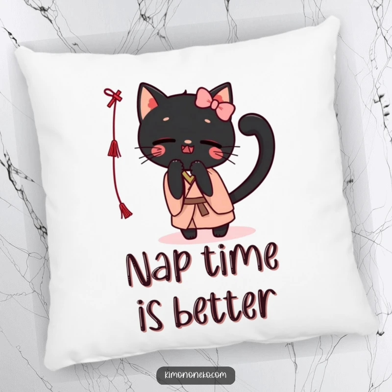 Funny Kawaii black cat in a kimono, playfully batting at a string, featured on a soft pillow for comfort and decor.