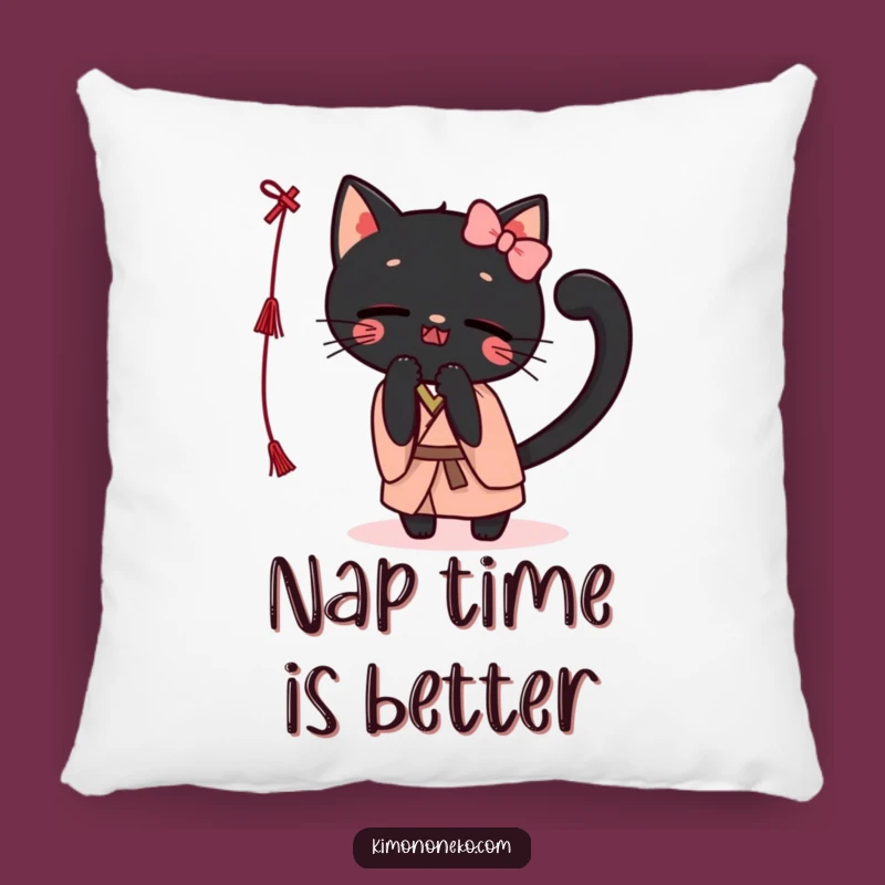 Cozy Funny Kawaii Black Cat Kimono Pillow: Playful Batting String Accent Pillow Gift