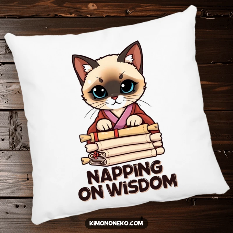Funny Siamese Cat Kimono Pillow: A Siamese cat in a stylish kimono peering curiously over a stack of ancient scrolls, soft and enigmatic.