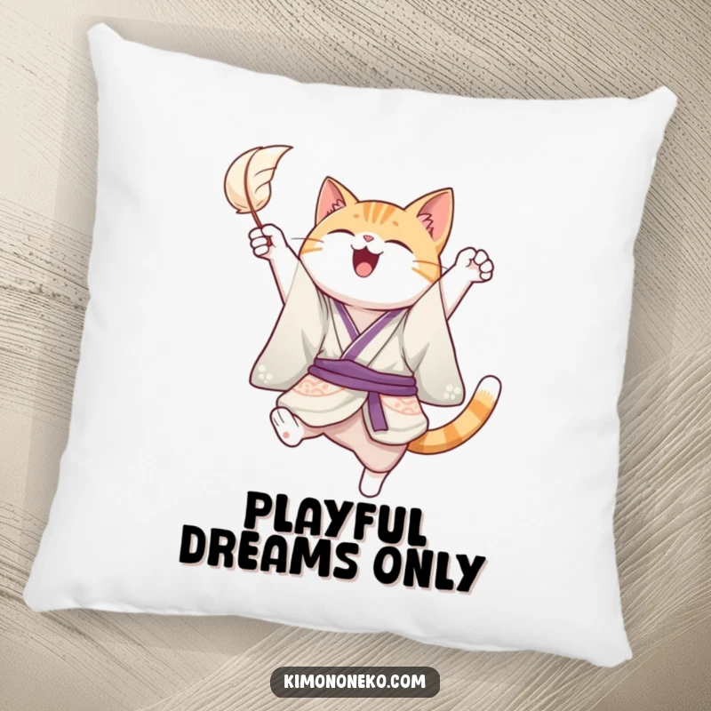 Funny pillow featuring a joyful cat in a kimono, leaping playfully to catch a floating feather, offering cozy comfort and a touch of playful humor.