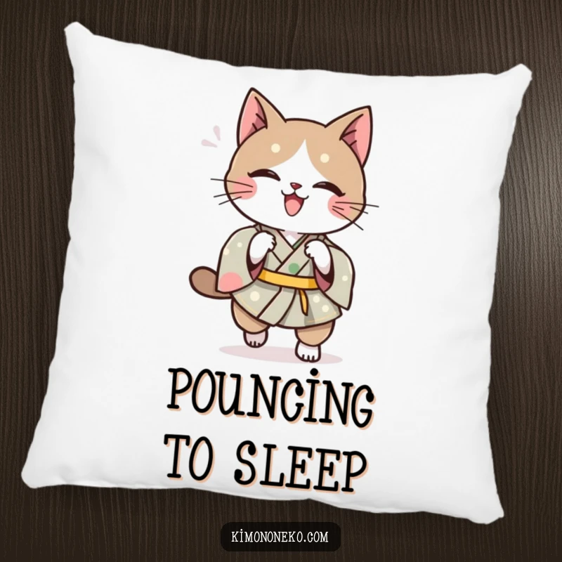 Funny Kawaii cat in a kimono, captured mid-pounce, a soft and funny pillow.