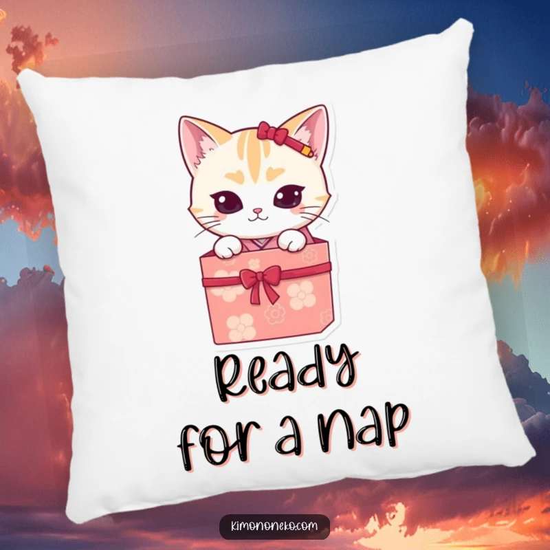 Funny kawaii cat in a kimono, peeking from a gift box, on a soft and comfortable pillow, perfect for funny decor.