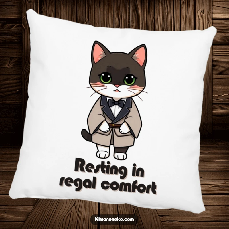 Funny Tuxedo Cat Pillow with a sophisticated cat in a formal kimono, providing soft comfort and a humorous touch.