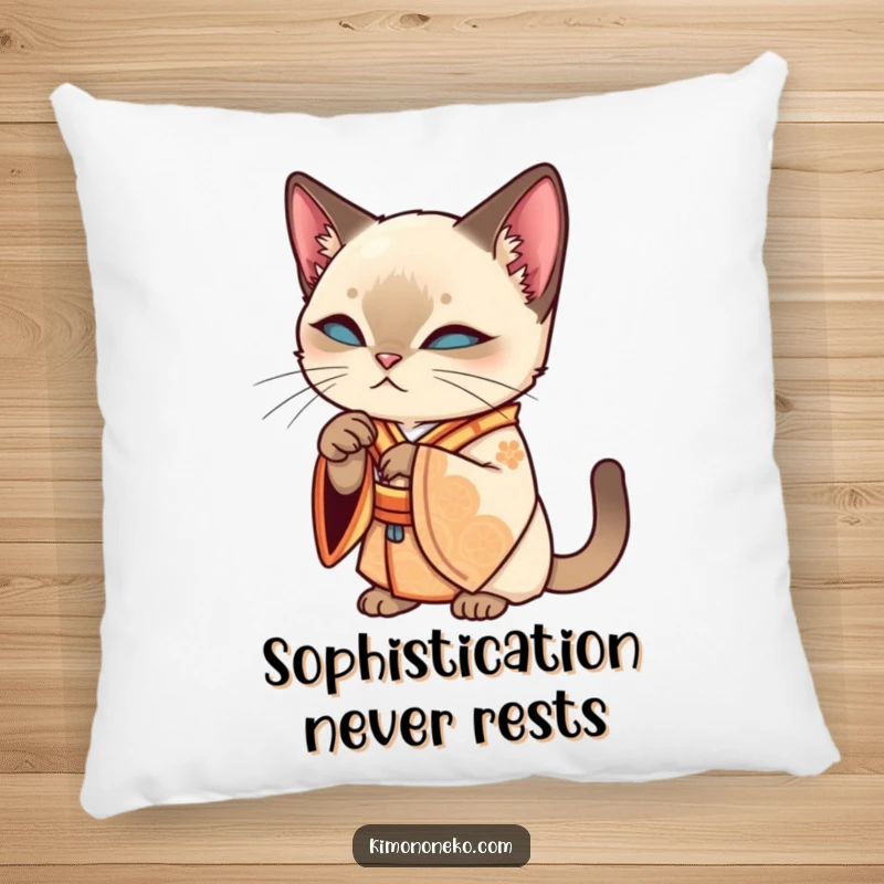 Funny Siamese kawaii cat in an ornate kimono, grooming its paw, on a soft and funny pillow, perfect for elegant decor.