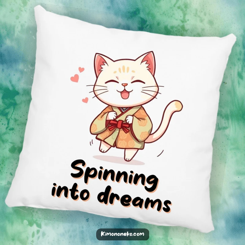 Funny pillow with a mischievous cat in a traditional kimono humorously chasing its tail, adding playful charm.