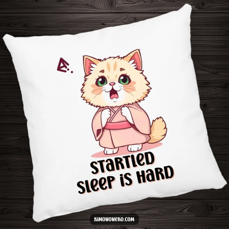 Funny Kawaii Persian Cat Pillow: A startled cat in a fancy kimono is depicted with wide eyes, its humorous surprise adding charm.