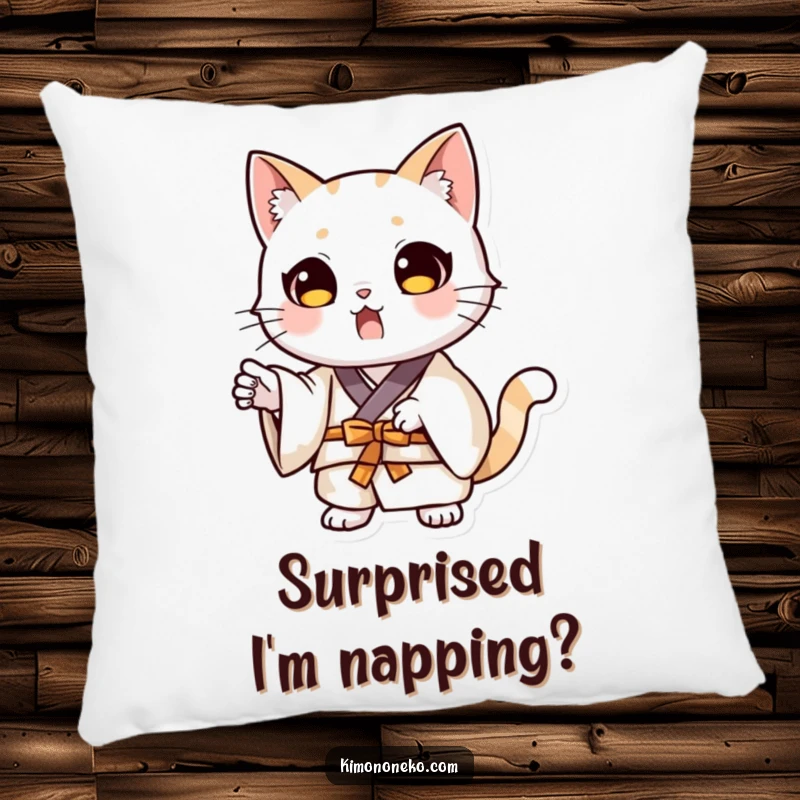 Soft pillow featuring a funny kawaii cat wearing a kimono and striking a dramatic, surprised pose.