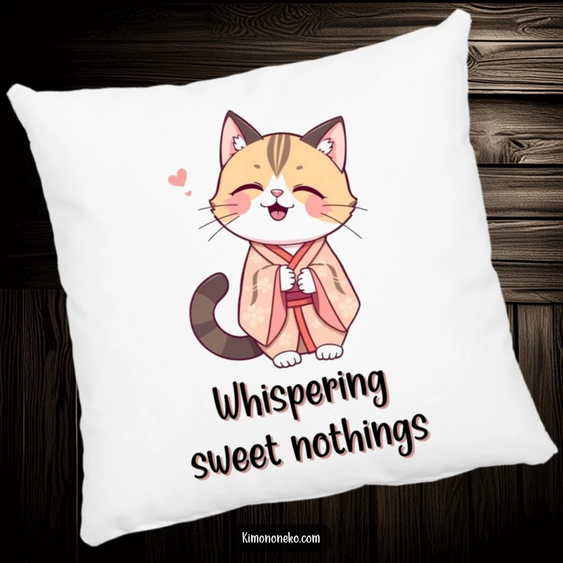 Funny Kawaii cat in an elegant kimono, sharing a secret giggle, plush comfort for moments of quiet joy.