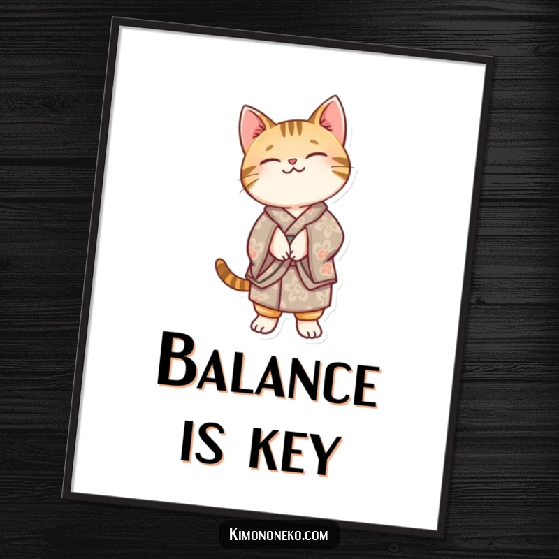 Funny Kawaii tabby cat in a patterned kimono, balancing on its hind legs, as a downloadable digital art print for humorous decor.