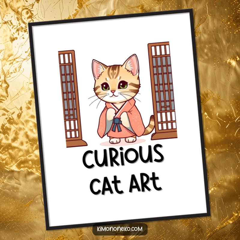 Funny Tabby Cat Digital Art Print: A curious tabby cat in a festive kimono peeks from behind a screen, creating an intriguing scene.