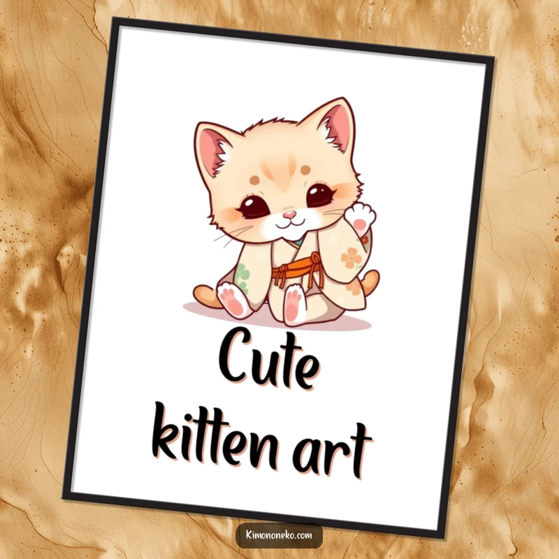 Funny Kitten Digital Art Print: A cute kitten in a floral kimono playfully tumbles, creating a lively and adorable scene.
