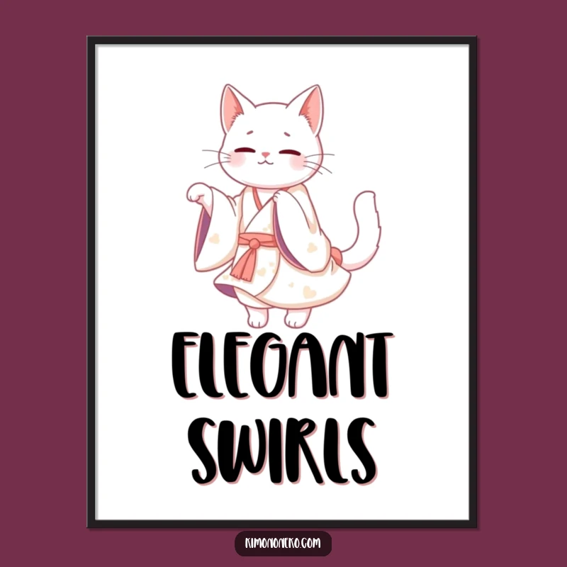 Funny White Cat Kimono Digital Art: Kawaii Graceful Twirl - Hilarious Gift