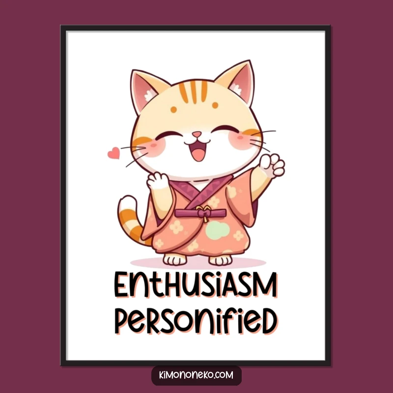 Funny Kawaii Cat Cheer Digital Print: Spirited Kimono Art, Perfect Funny Gift