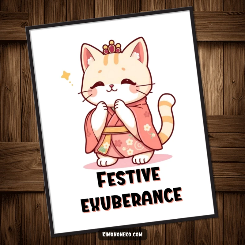 Funny Kawaii cat in a festive kimono, enthusiastically clapping its paws, high-quality digital art for celebratory spaces.