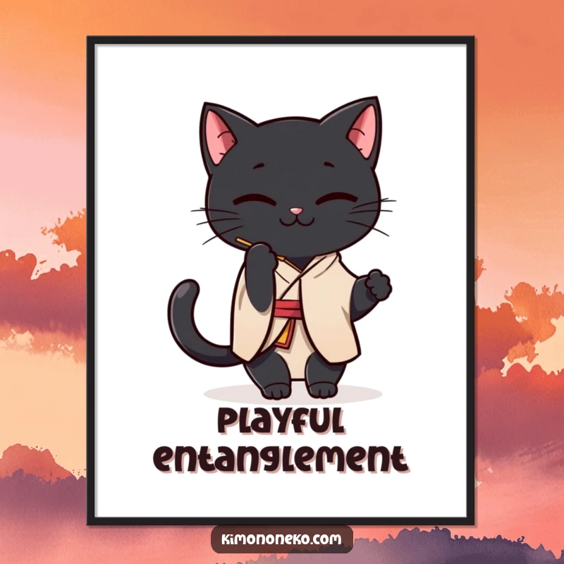 Funny Black Cat Kimono Digital Art Print: A Kawaii black cat in a simple kimono playfully batting at a string, humorous downloadable art.
