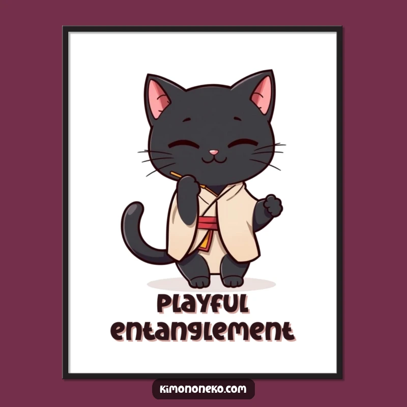Funny Black Cat Kimono Digital Art: Kawaii Playfulness - Hilarious Gift