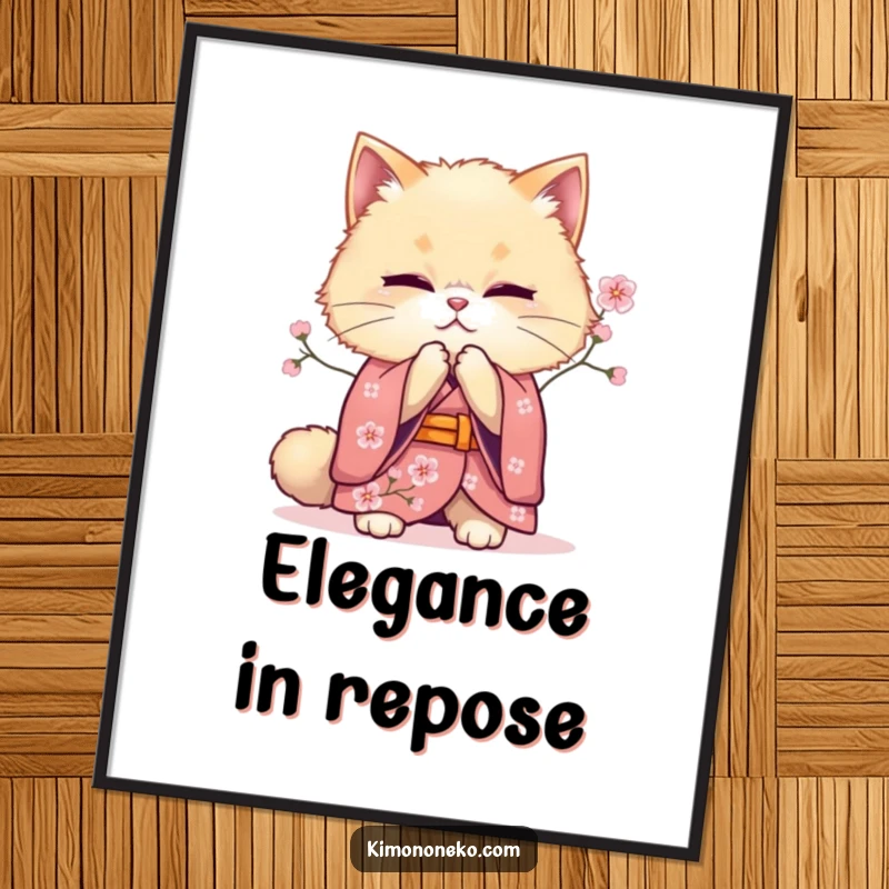 Funny bowing cat kimono digital art print of a fluffy feline offering a graceful bow, adding serene and cultured elegance to any decor.