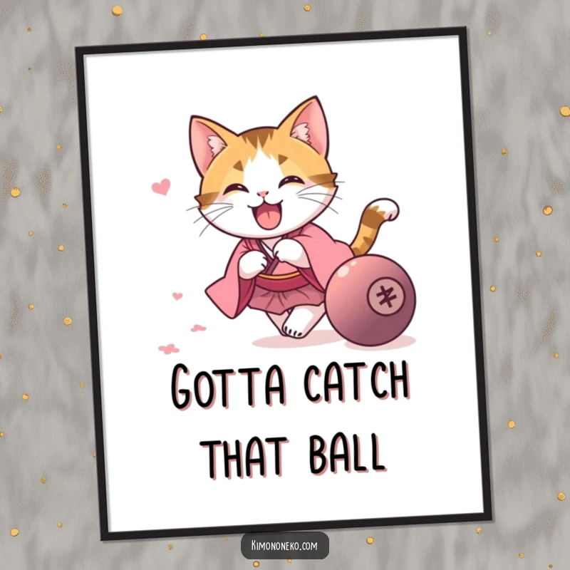 Funny kawaii calico cat in a pink kimono, chasing a rolling ball, as a high-resolution digital art print for playful decor.