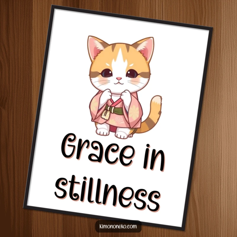 Funny Calico Cat Kimono Digital Art Print: A Kawaii cat in a festive kimono bowing, a humorous and charming downloadable artwork.