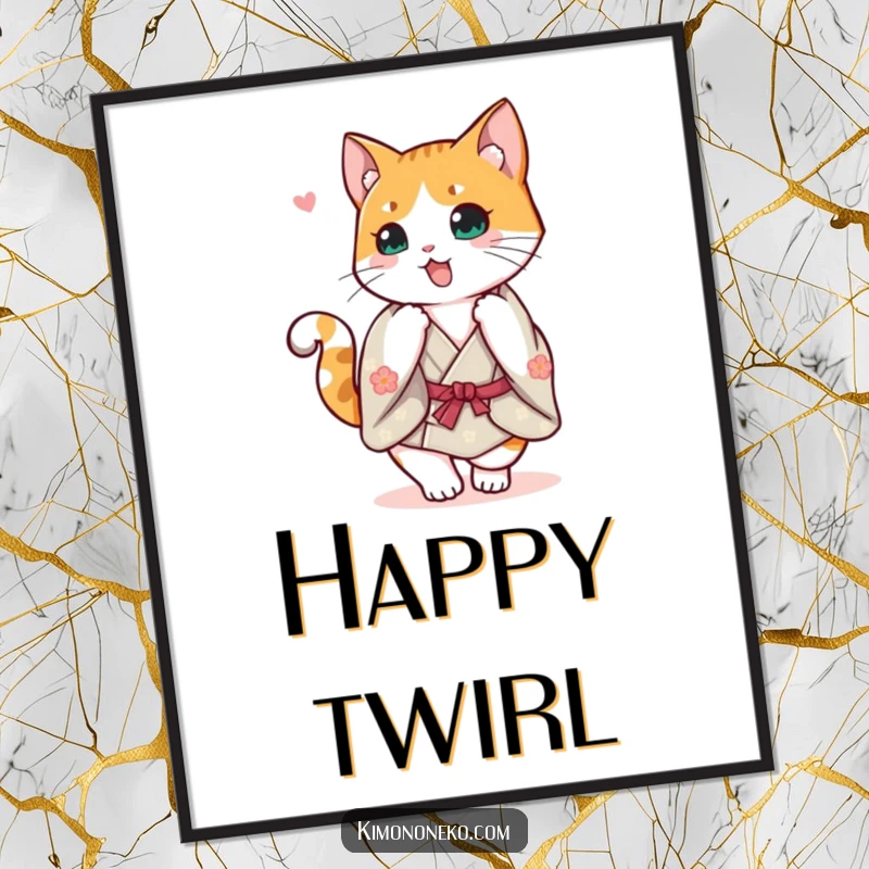 Funny Calico Cat Kimono Digital Art Print: A cheerful calico cat in a kimono doing a happy spin with its tail up, instant wall art.