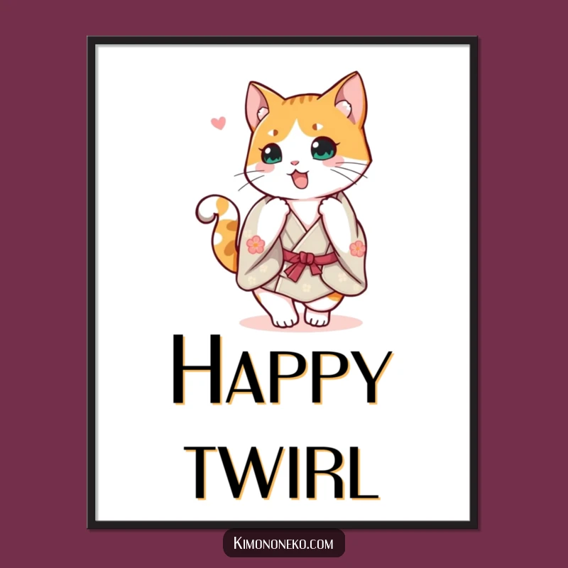 Instantly add cheer to your walls with this funny digital art print, featuring a calico cat in a kimono doing a happy spin. A delightful instant download.