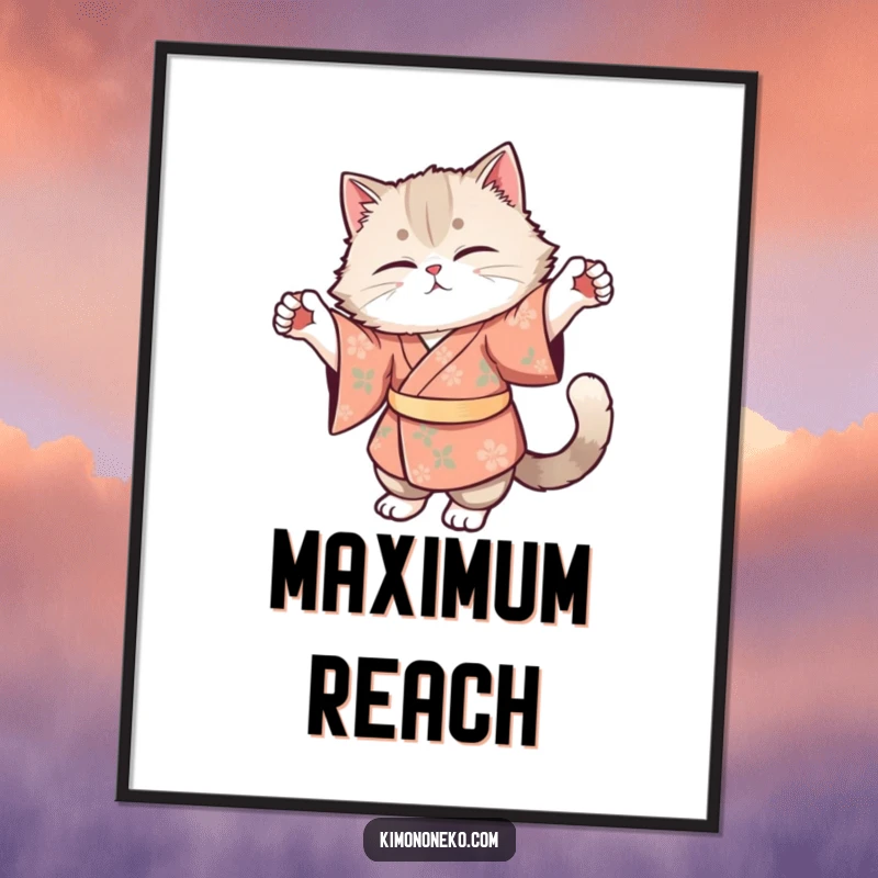 Funny digital art print of a fluffy cat in a floral kimono stretching gracefully, conveying instant calm and humor.