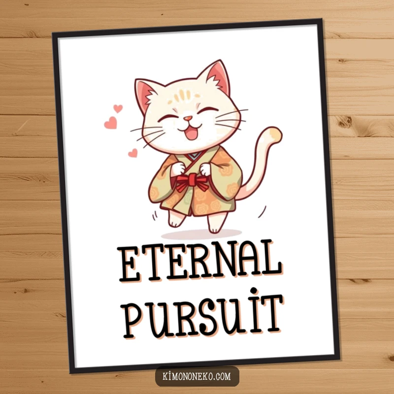Funny digital art print of a mischievous cat in a traditional kimono hilariously chasing its tail, perfect for energetic decor.