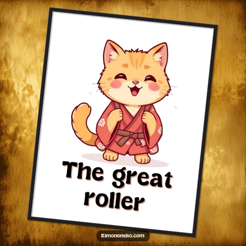 Funny ginger cat in a casual kimono doing a happy roll, as a high-resolution digital art print.