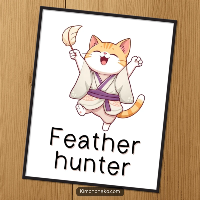 Funny digital art print of a joyful cat in a kimono, leaping playfully to catch a floating feather, bringing energetic humor and playfulness to your home.